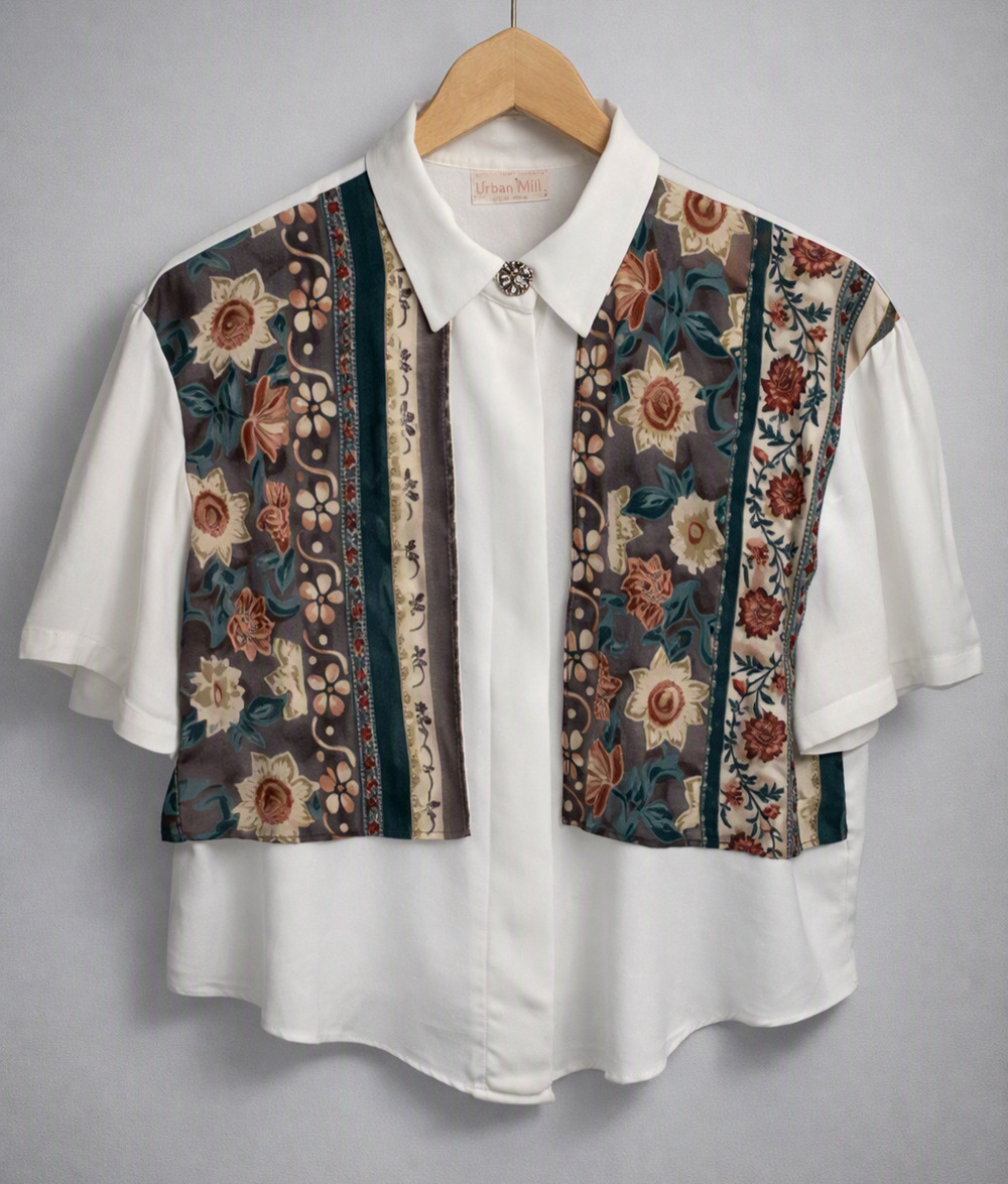 Vtg Ann Hill Petite Faux Vest Floral Tapestry Blouse Hidden Buttons PL Boho Fall